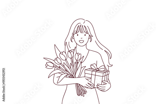 Black and white line art illustration of happy girl with bouquet of tulips and gifts for coloring activity on March 8 International Women's Day