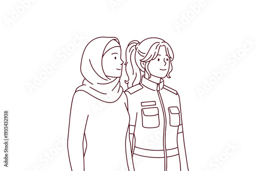 Coloring sheet for International Women's Day on March 8 depicting a female rescue worker and a woman in hijab to promote workplace diversity and equality