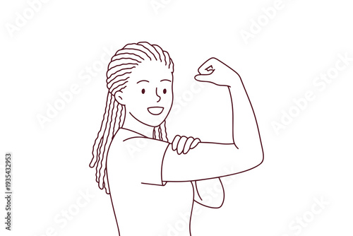 International Women's Day coloring page of strong Black woman flexing her bicep to celebrate girl power and physical strength on March 8 holiday