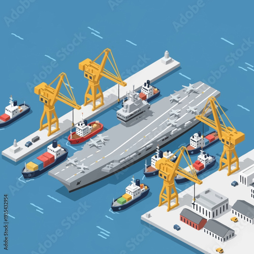 Industrial Shipping Port with Cranes and Vessels.