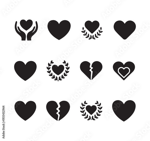 Collection of thirteen heart icons featuring care solid forms laurels and broken states