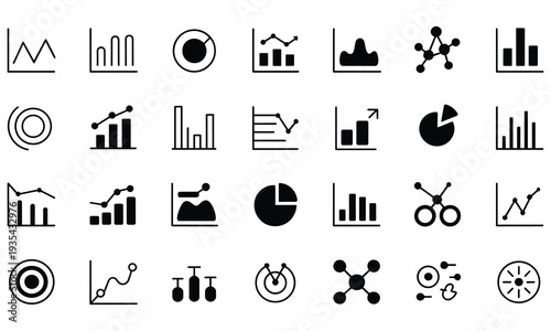 Set of minimalist black and white icons representing various statistical graphs and charts for data analysis and visualization purposes in business and finance