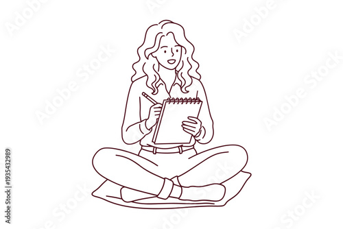 Line art coloring page of girl artist sitting cross legged and drawing in sketchbook for International Women's Day and March 8 creative empowerment