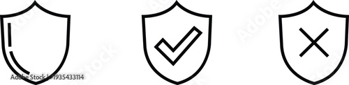 Security shields with checkmark and cross icons for protection and status. Vector illustration