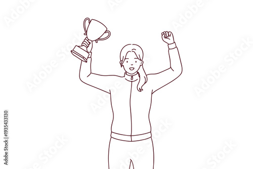 Successful woman holding gold trophy cup line art coloring page for International Women's Day on March 8 celebrating female achievement and excellence