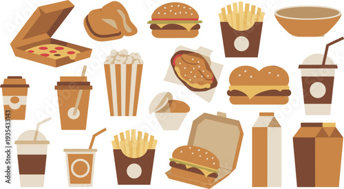 Fast food icons, burger vector, pizza clipart, fries design, taco symbol, popcorn graphic, coffee illustration, snack art, takeout logo, junk food
