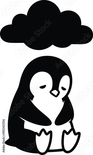 Sad penguin under a dark cloud symbolizing depression and bad mood. Vector illustration