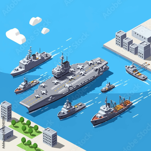 Aircraft Carrier with Escort Ships in Harbor.