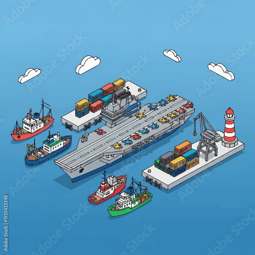 Isometric Illustration of Cargo Ships and Boats.