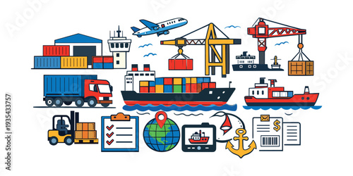 Global logistics concept illustrating various transportation methods and supply chain elements like warehouses, containers, and tracking