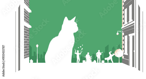Lonely Cat Silhouette Looking at Street Musicians, Cityscape Window View, Feline Urban Life Dream, Pet Isolation Concept, Isolated on transparent background for commercial use