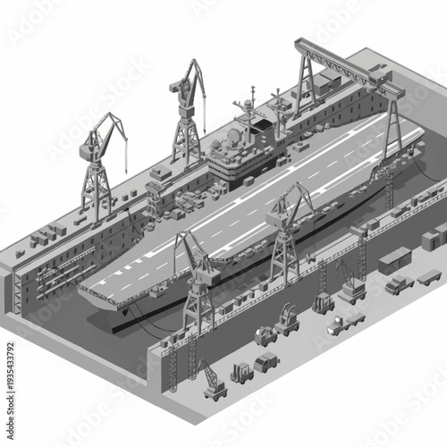 Industrial Dockyard with Cranes and Ships.