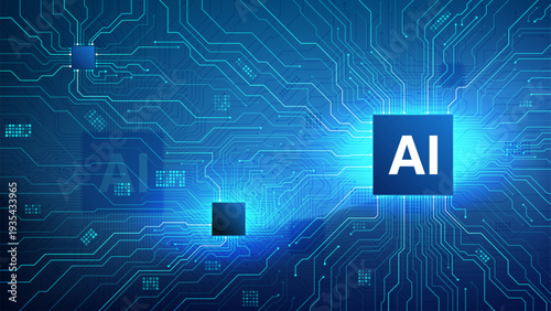 AI Processor Chip Glowing Circuit Board Multi-chip Dark Blue Technology Banner Vector