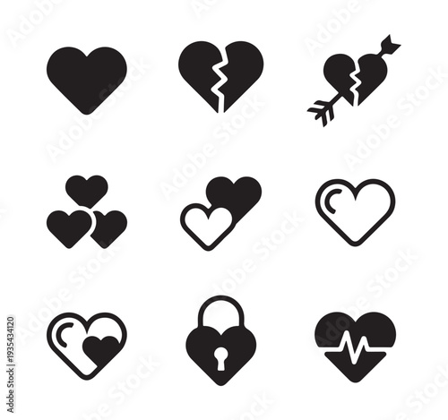 Nine assorted black heart vector icons representing love sickness brokenness and cardiac monitoring shapes