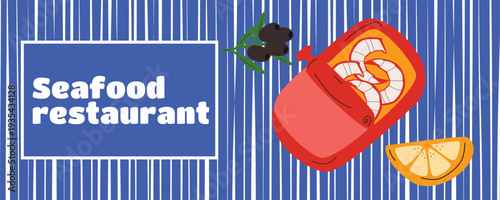 Retro Italian seafood banner poster with canned crab meat, olives and lemon illustration for Mediterranean seafood restaurant branding and packaging marketing materials