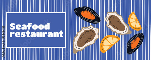 Retro Italian seafood banner poster with mussels, oysters and lemon illustration for Mediterranean seafood restaurant branding and promotional marketing materials