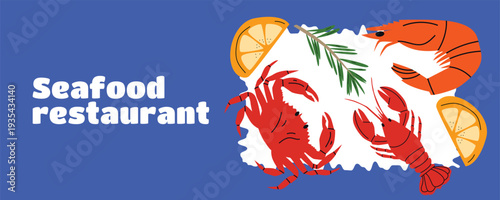 Retro Italian seafood banner poster with crab, lobster, shrimp, lemon and rosemary illustration for Mediterranean seafood restaurant branding and advertising materials