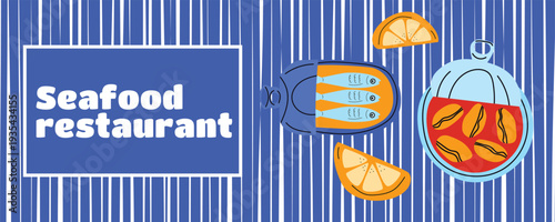 Retro Italian seafood banner poster with canned sardines, mussels and lemon illustration for Mediterranean seafood restaurant branding and packaging marketing materials