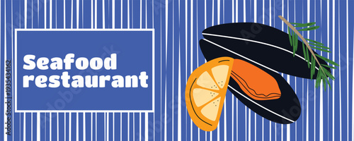 Retro Italian seafood banner poster with mussels, lemon and rosemary illustration for Mediterranean seafood restaurant branding and marketing design