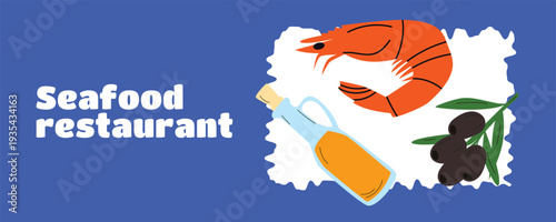 Retro Italian seafood banner poster with shrimp, olive oil and olives illustration for Mediterranean seafood restaurant branding and marketing materials