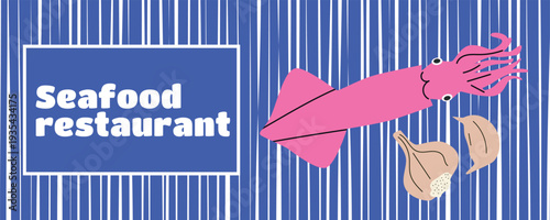 Retro Italian seafood banner poster with squid and garlic illustration for Mediterranean seafood restaurant branding and promotional marketing materials