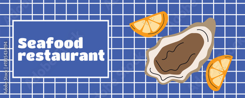 Retro Italian seafood banner poster with oysters and lemon illustration for premium Mediterranean seafood restaurant branding and marketing materials