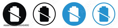 Solid and outline battery icons with a diagonal strike-through. Minimalist design for dead battery, disabled power, or empty status. Provided in black and blue circular button styles.