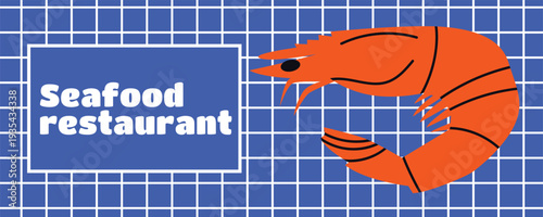 Retro Italian seafood banner poster with shrimp illustration for Mediterranean seafood restaurant branding and promotional materials