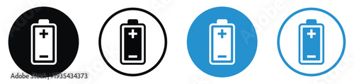 Battery polarity icons featuring plus and minus symbols. Professional vector set for electrical orientation, battery placement, and terminal identification in black and blue themes.