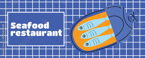 Retro Italian seafood banner poster with canned sardines illustration for Mediterranean seafood restaurant branding, menu design and marketing materials