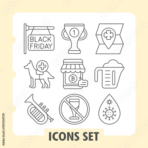Set of nine thin line icons for diverse themes like shopping, achievement, travel, pet care, business, cooking, music, restrictions and health on white background.