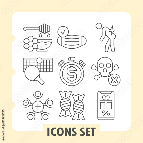 Set of nine thin line icons covering diverse themes such as health, sport, food, business and technology, presented clearly on white background. Ideal for modern web and mobile applications.