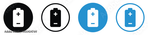 Battery polarity icons featuring plus and minus symbols. Professional vector set for electrical orientation, battery placement, and terminal identification in black and blue themes.