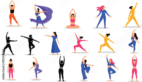 Collection of flat vector illustrations featuring diverse women in various yoga poses, fitness exercises, and dance movements, isolated on a clean white background.