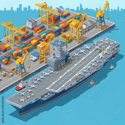 Aircraft Carrier Docked at Busy Industrial Port.