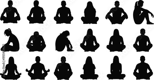 Meditation people silhouette set vector, men and women practicing yoga isolated on white background illustration collectionMeditation people silhouette set vector, men and women practicing 