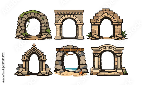 Collection of stylized stone archways and gates, featuring different architectural styles, offering fantasy portals and ancient ruin elements