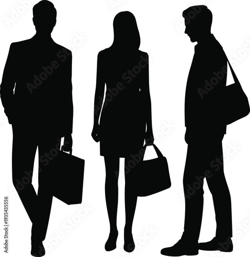 Diverse business people silhouette group with briefcases and laptop bags walking together for professional corporate career success and morning office commute workplace partnership