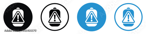 Battery status icons with an exclamation mark inside a triangle. Alerts users to battery health issues, overheating, or critical errors. Set of four circular web and app icons.