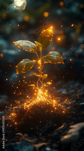 Vertical view of a glowing plant with illuminated roots and sparkling particles seedling photo