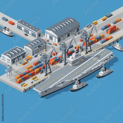 Isometric Illustration of Shipping Port with Cranes.
