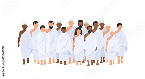Diverse group of people in white robes standing together in unity. Vector Illustrations. EPS Editable