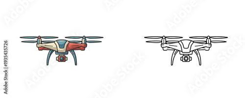 Modern quadcopter drone with camera in cartoon and linear styles with red and beige colors for aerial photography and video surveillance on white background isolated set