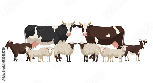 Diverse herd of goats gathered together outdoors. Vector Illustrations. EPS Editable