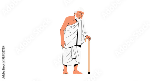 Ancient Sage Walking Man Illustration with White Robe and Cane. Vector Illustrations. EPS Editable