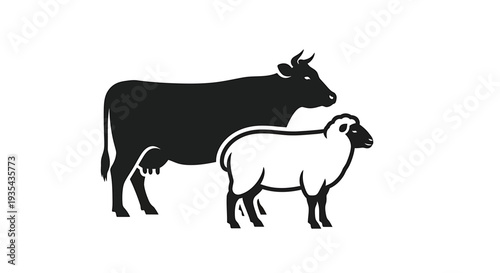 Black and White Cow and Calf Together in Pasture. Vector Illustrations. EPS Editable