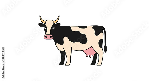 Cartoon Cow Illustration Standing Neatly in Field. Vector Illustrations. EPS Editable