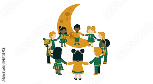 Cheerful Children Circle Dance Beneath Crescent Moon. Vector Illustrations. EPS Editable