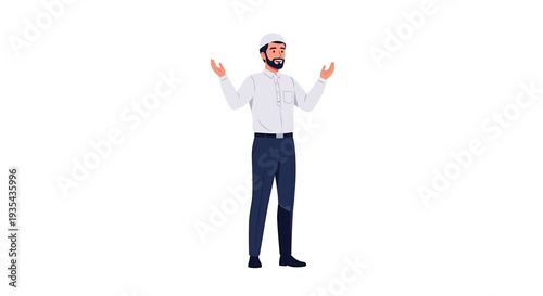 Cheerful man in white shirt celebrating with arms raised. Vector Illustrations. EPS Editable