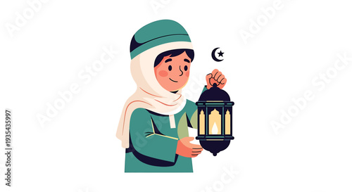 Child in Traditional Dress Holding Lantern During Ramadan Celebration. Vector Illustrations. EPS Editable